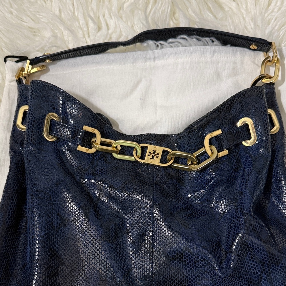 Tory Burch Python Embossed Leather Navy Hobo Hand… - image 5